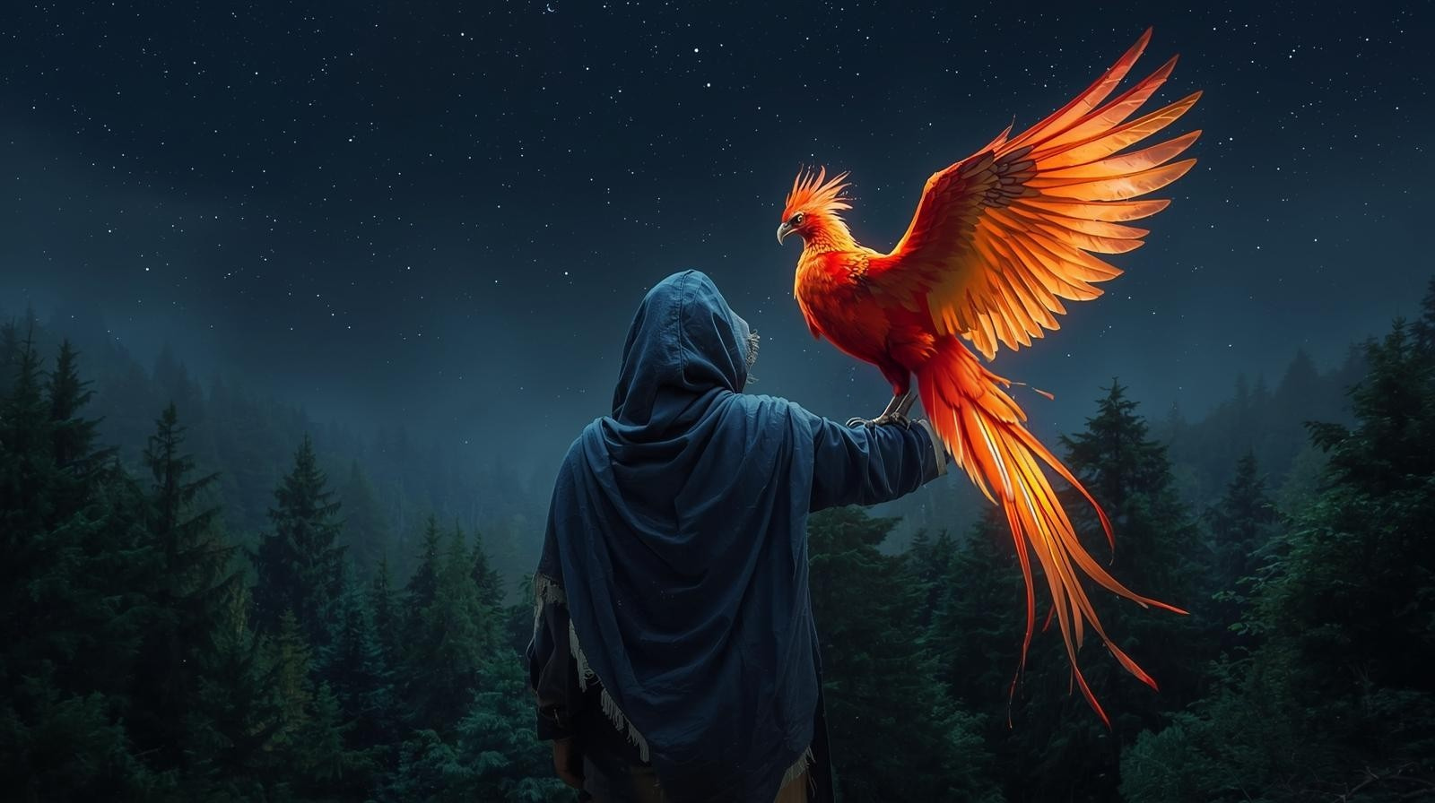 Person wearing a dark hooded cloak holding a brightly colored, large, mythological bird with outstretched wings against a starry night sky and forested mountains