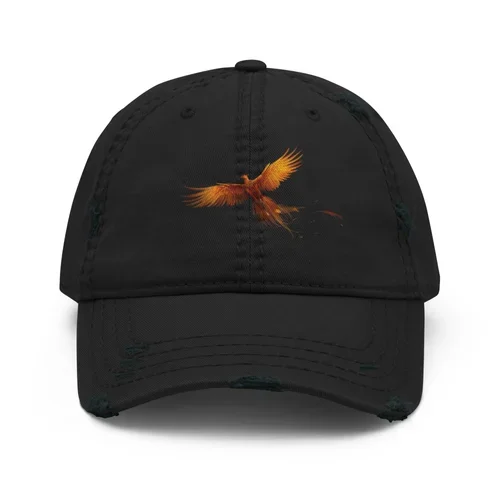 Black baseball cap with an embroidered orange and yellow bird in flight on the front.