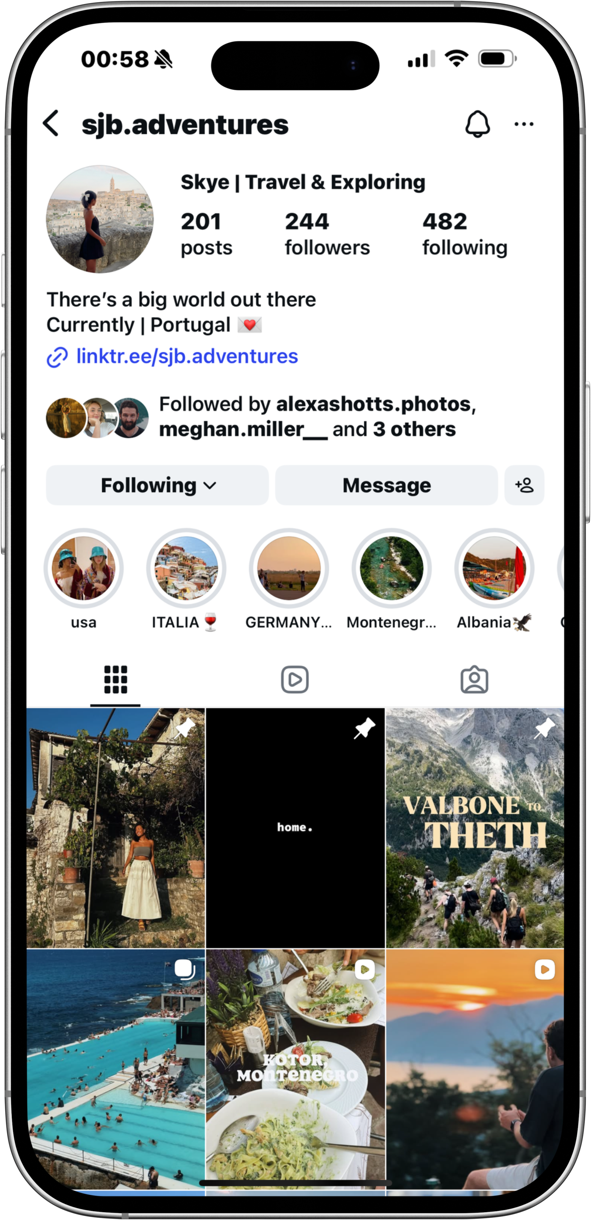 Instagram profile page of sjb.adventures with travel photos and videos of various destinations.