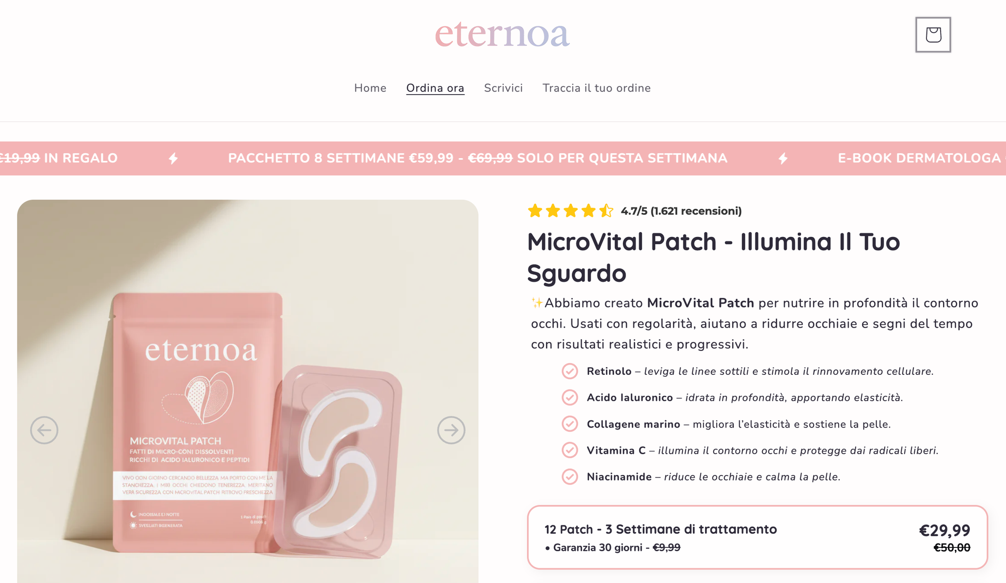 Product page of Eternoa Skincare including MicroVital Patch packaging and patches, pink color, with product name and description in Italian.