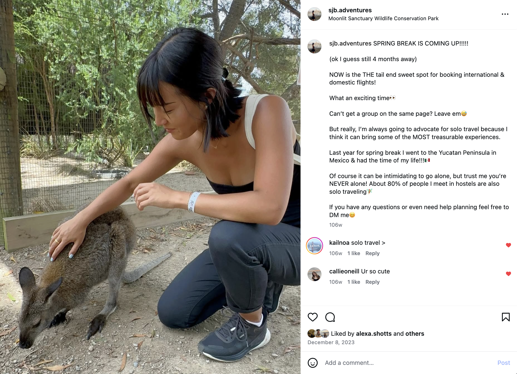 Skye J Blount kneeling on the ground at a wildlife sanctuary, petting a small wallaby.
