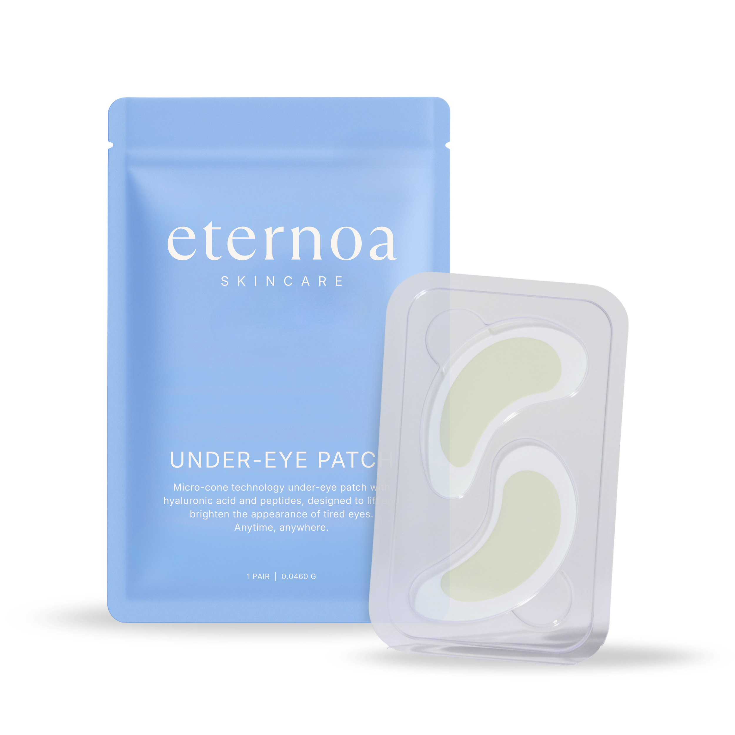 Eteroa skincare under-eye patches in a light blue package and a clear plastic tray with two crescent-shaped eye patches.