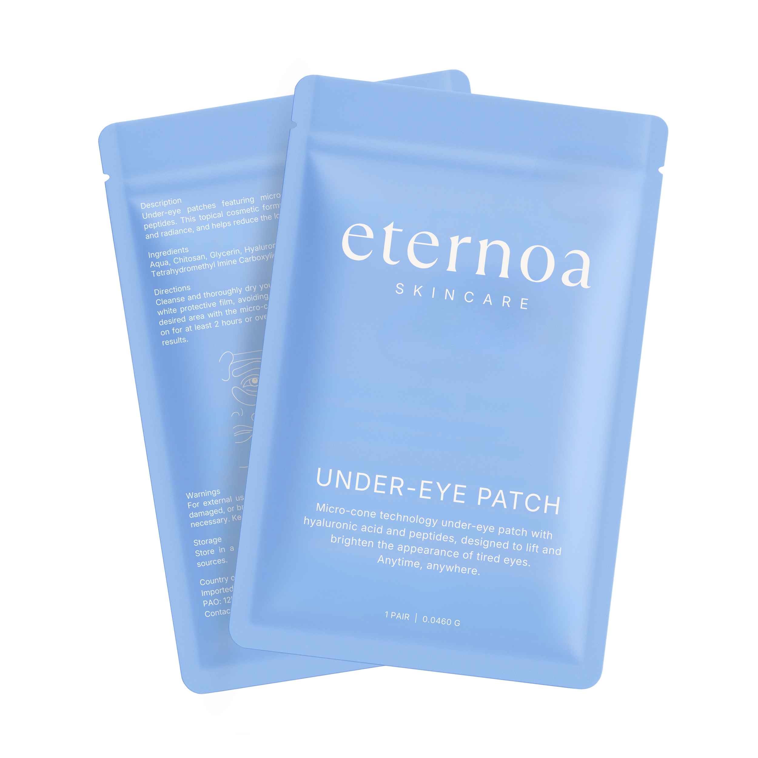 Eternoa under-eye patch skincare product packaging in blue.