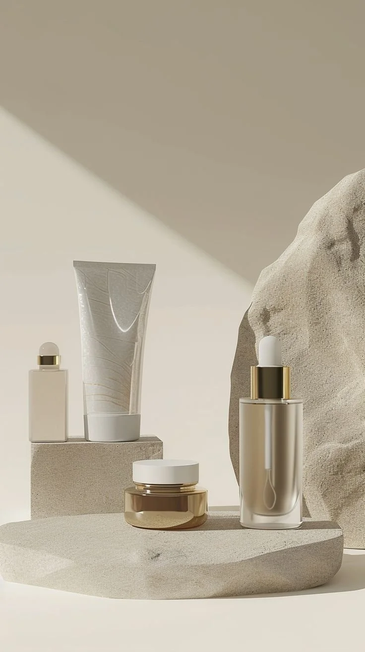 Luxury skincare products displayed on a beige stone platform with a large rock in the background, featuring a dropper bottle, a tube, a small bottle, and a jar with gold accents.