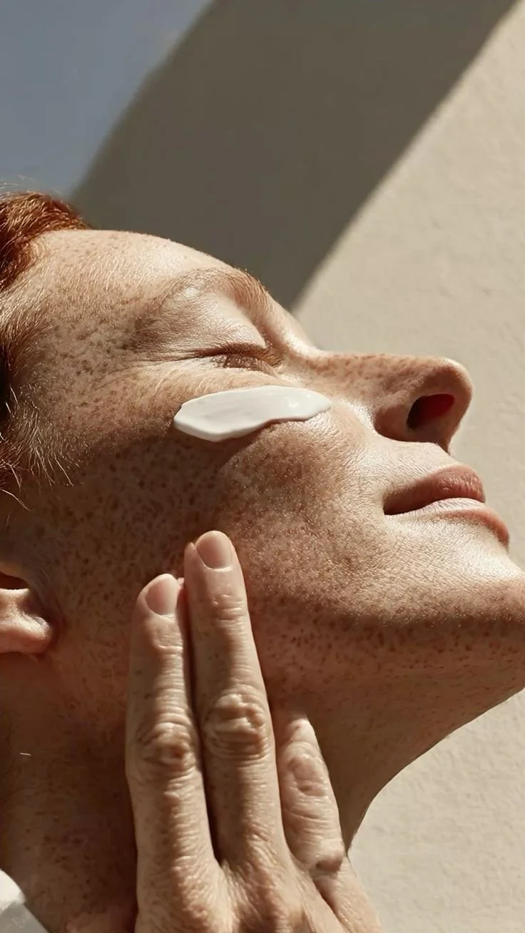 A woman with red hair and freckles has a white cream applied to her cheek while relaxing with her eyes closed.