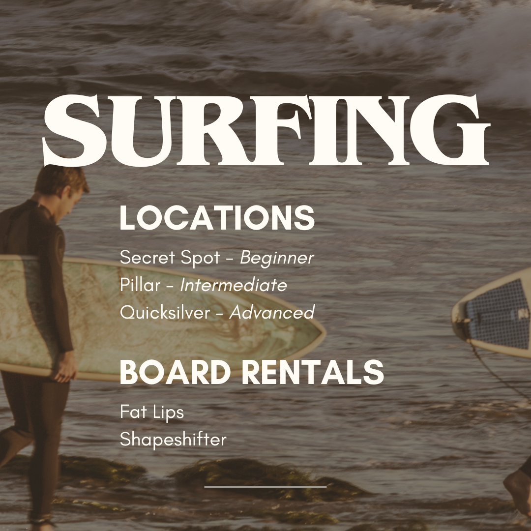 A person holding a surfboard walking towards the ocean at sunset with text overlay about surfing locations and board rentals.
