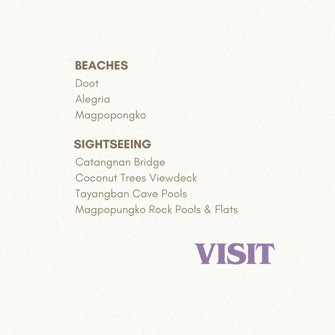 Tourist information board with list of beaches and sightseeing spots, and a visit prompt in purple.
