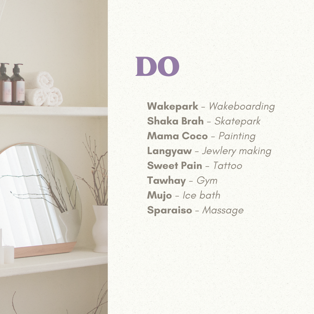 List of activities with a beige and white background, including wakeboarding, skatepark, painting, jewelry making, tattooing, gym, ice bath, and massage.