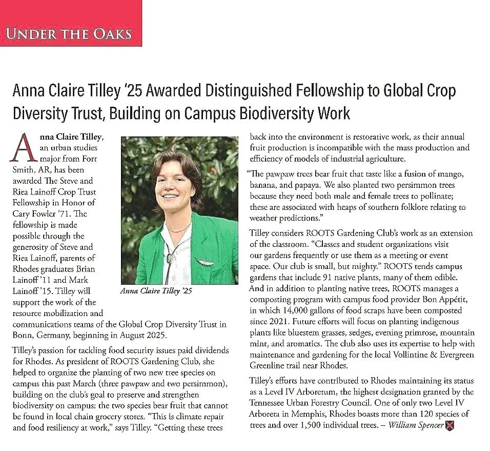 Text article featuring Anna Claire Tilley, who received a distinguished fellowship for her work on campus biodiversity at Fort Smith, AR. The article includes her photo, which shows a woman with short brown hair, wearing a green blazer, smiling outdoors.