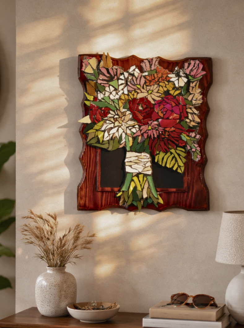 Decorative wall art of a flower bouquet with stained glass pieces, mounted on a wooden plaque, hanging in a cozy room with a table, vase of dried grasses, a bowl, sunglasses, and a lamp.