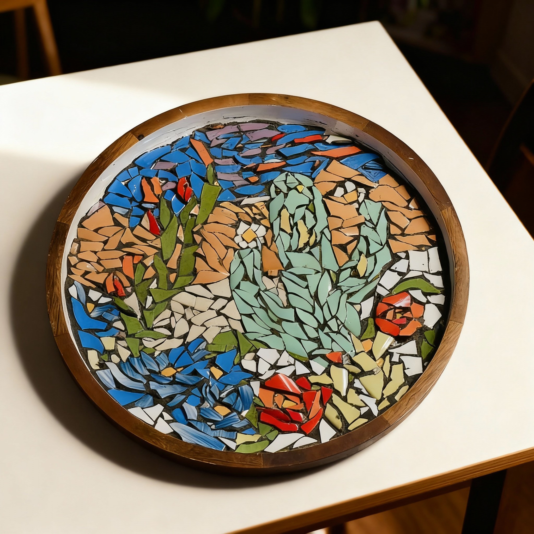 Colorful mosaic artwork featuring a cactus and flowers, housed in a round wooden frame.