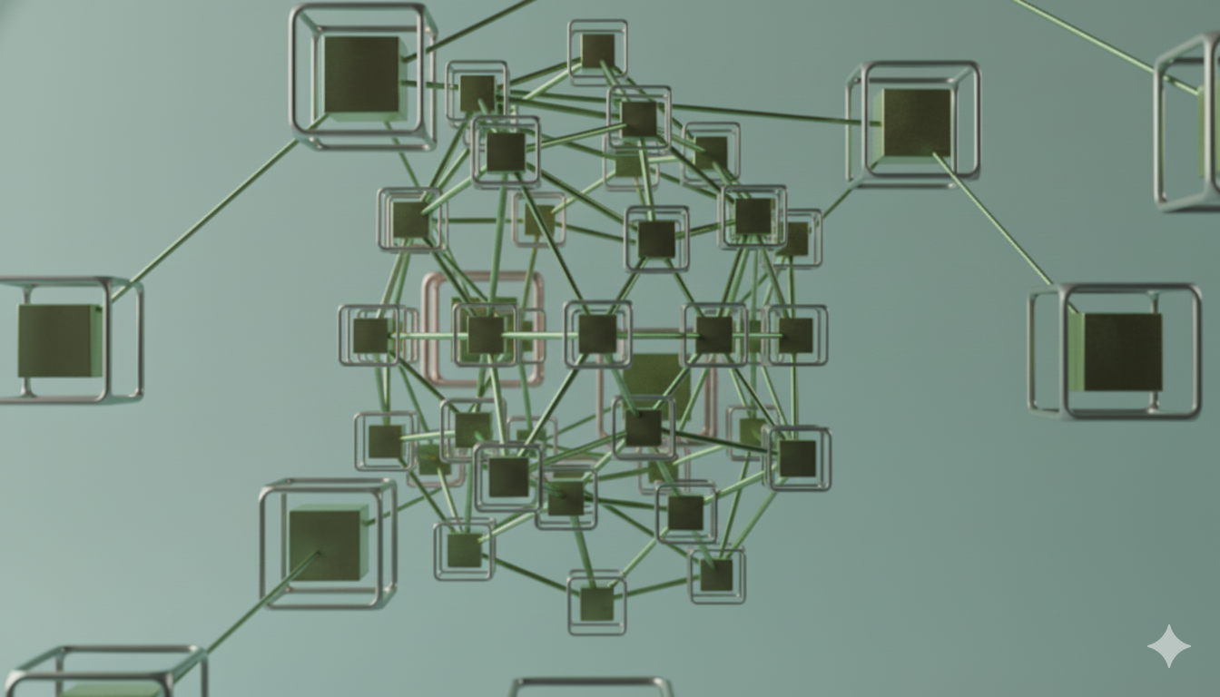 A computer-generated visualization of interconnected 3D cubes and lines forming a complex network or web, rendered in shades of green and gray.