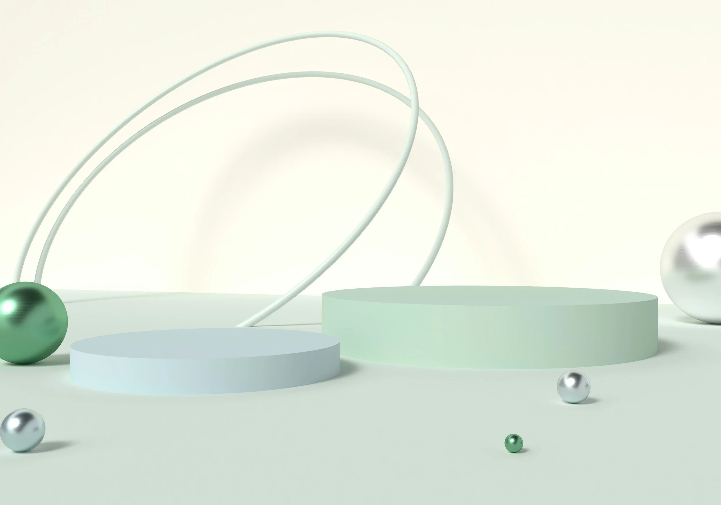 Minimalist abstract scene with light green and white platforms, metallic spheres in green, silver, and white, and curved white rods in the background on a pale green surface.