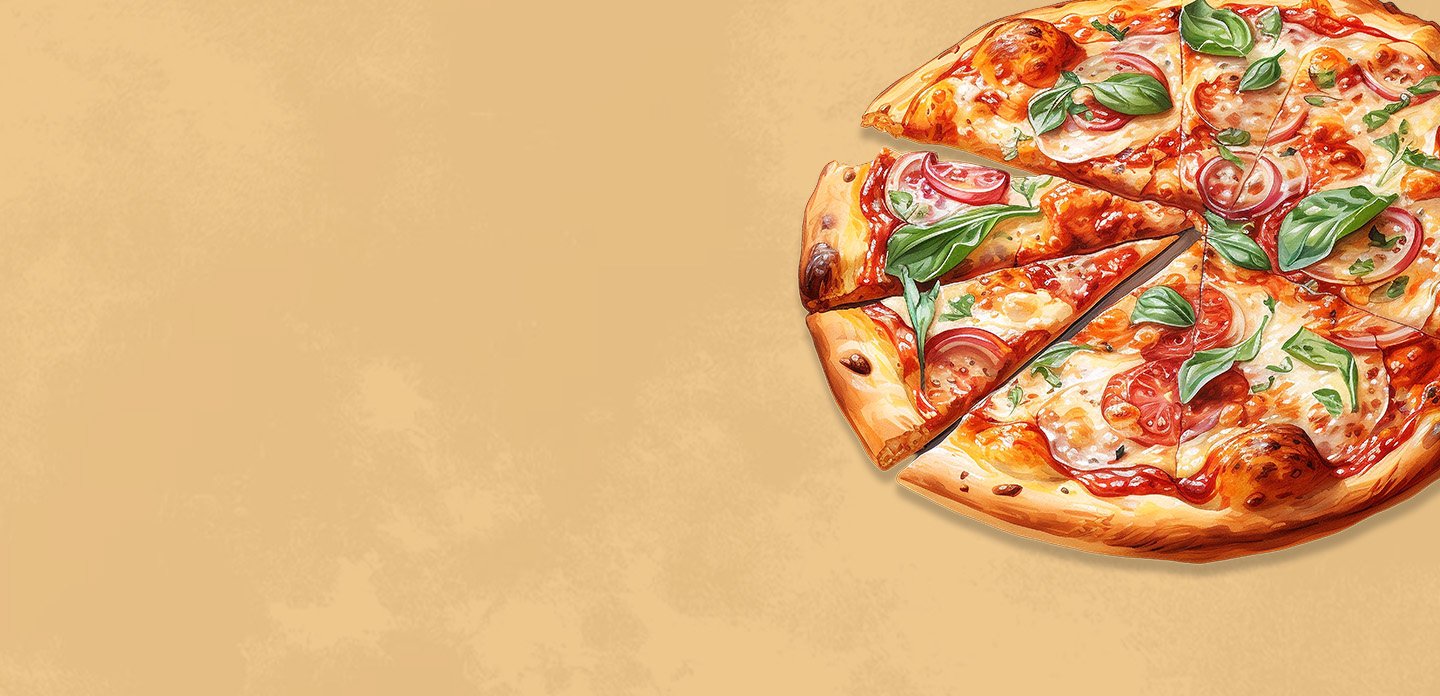 Illustration of a pepperoni pizza with two slices separated from the whole, toppings include pepperoni and green herbs.