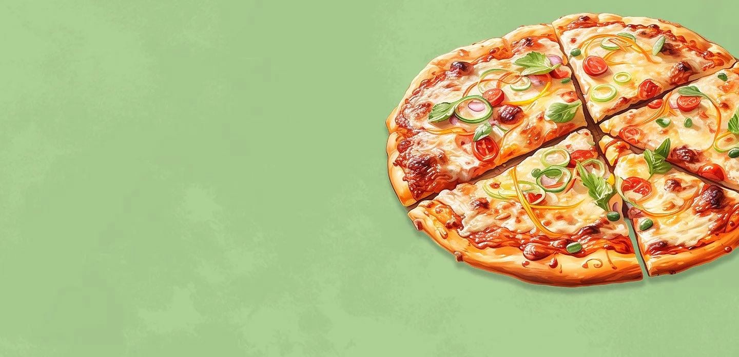 Illustration of a pepperoni pizza with one slice pulled away from the whole pizza on a green background.