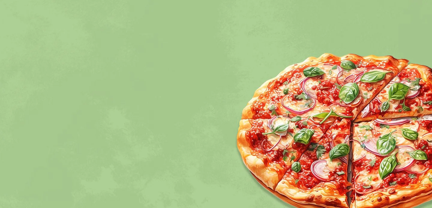 Illustration of two slices of pepperoni pizza with cheese and herbs on a green background.