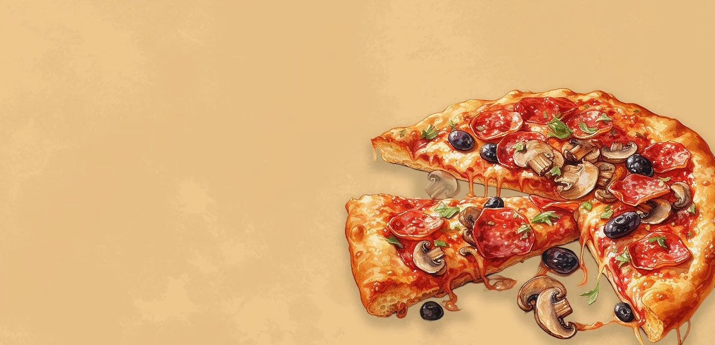 Illustration of two slices of pepperoni pizza with melted cheese and green herbs on a beige background.