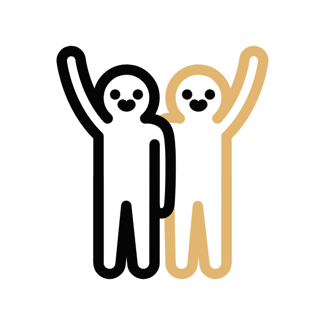 Two cartoon figures, one outlined in black and the other in beige, smiling and waving with one arm raised symbolising community and connection
