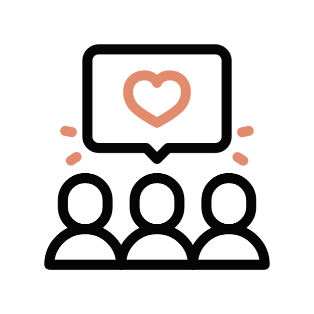 Three people with a speech bubble containing a heart above them, symbolizing a caring community