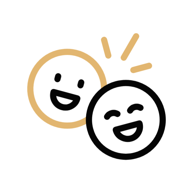 Two smiling cartoon faces, one beige and one black outline, with cheerful expressions and radiating lines above the beige face symbolising fun