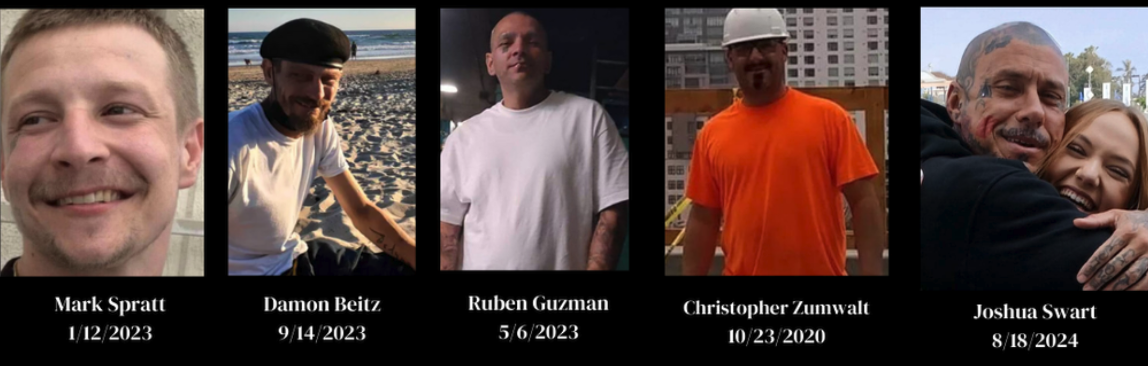 Five individuals who died in custody with their names and dates. Mark Spratt smiling, Damon Beitz at the beach, Ruben Guzman in a white shirt, Christopher Zumwalt in an orange shirt at a construction site, Joshua Swart hugging a woman.