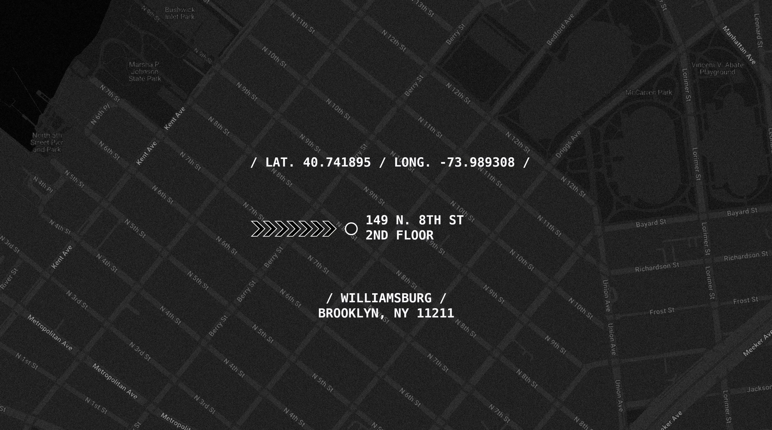 Map with GPS coordinates, directions, and address information overlaid. Shows the location of 149 N. 8th St, Williamsburg, Brooklyn, NY on the 2nd floor, including directional arrows and street grid background.
