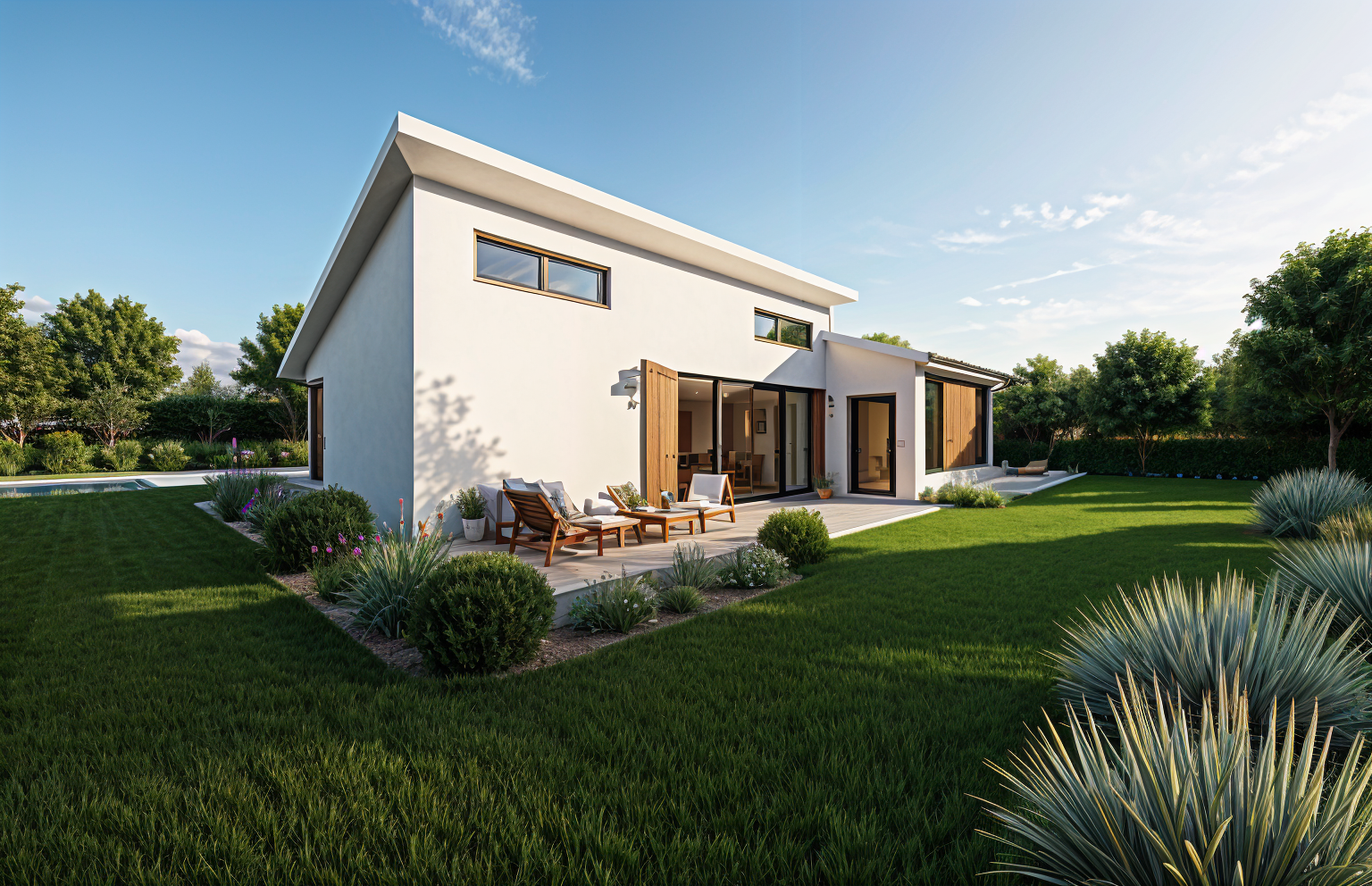 A wide, sunlit façade balances crisp modern geometry with warm, textural materials. Smooth white stucco planes and charcoal metal framing create a clean, minimalist silhouette, while vertical cedar cladding and natural stone anchoring the base introd