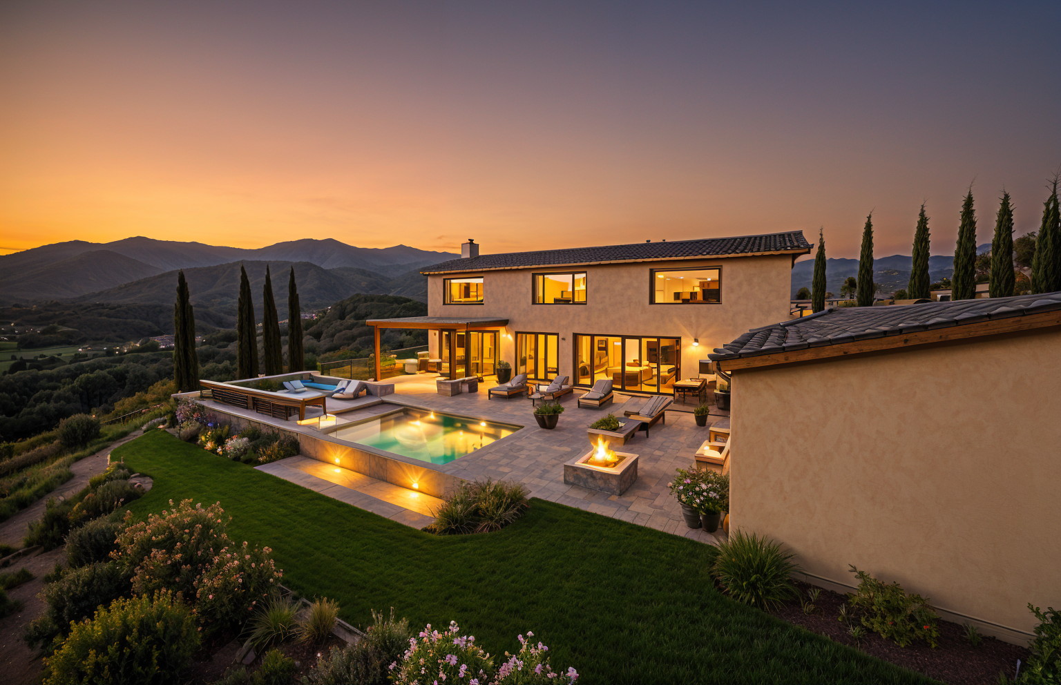 Perched on a dramatic hillside, the infinity edge pool appears to dissolve into the valley beyond, its glassy surface mirroring sky and distant treetops. Pale stone decking frames the water, leading to sculpted planters of drought-tolerant grasses an