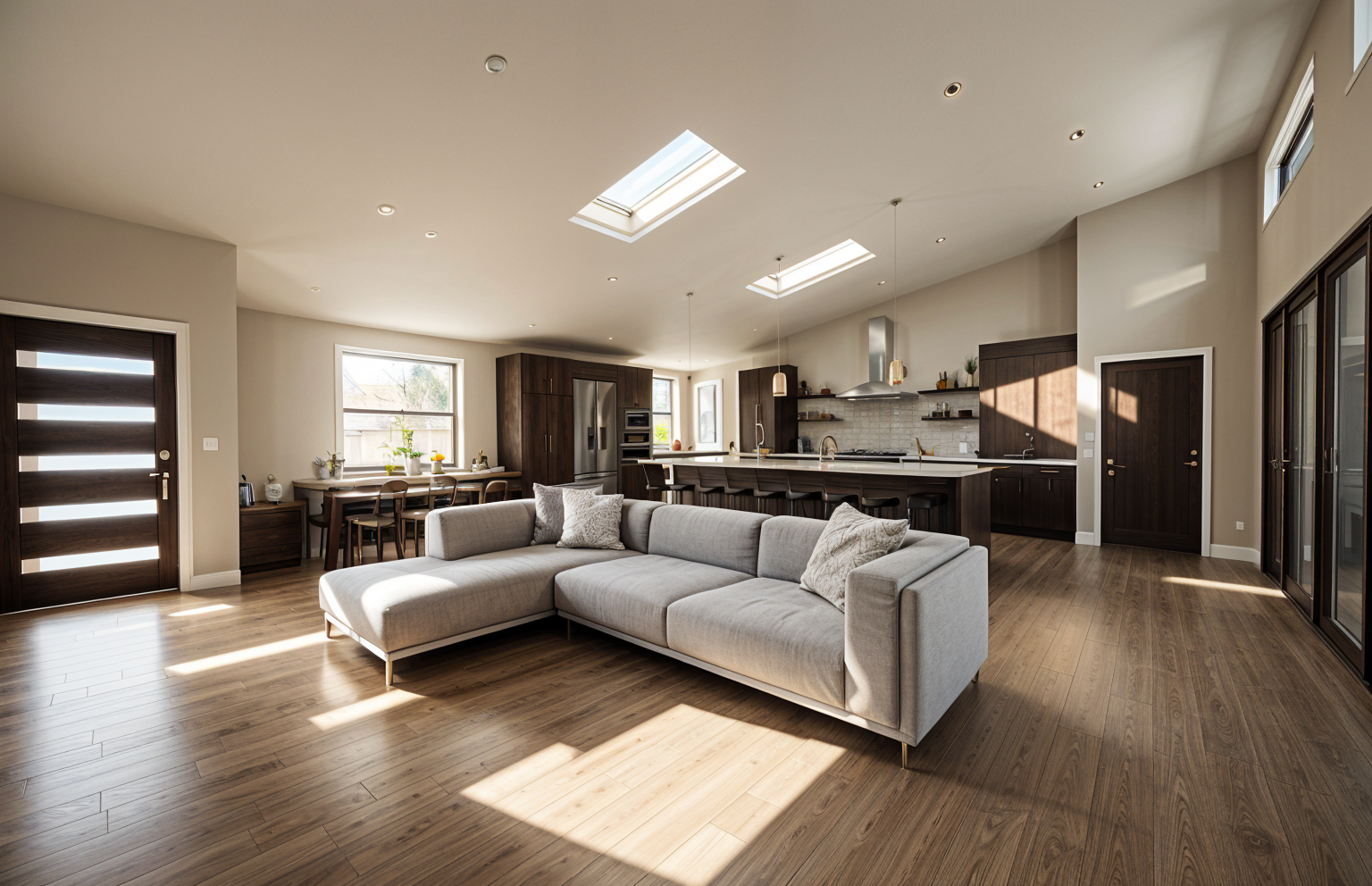 The Interior exudes a quietly confident bespoke sensibility: custom millwork flows seamlessly into built-in seating, its warm, hand-finished walnut grain paired with plastered walls in a soft, tactile matte. A sculptural light fixture suspends above 