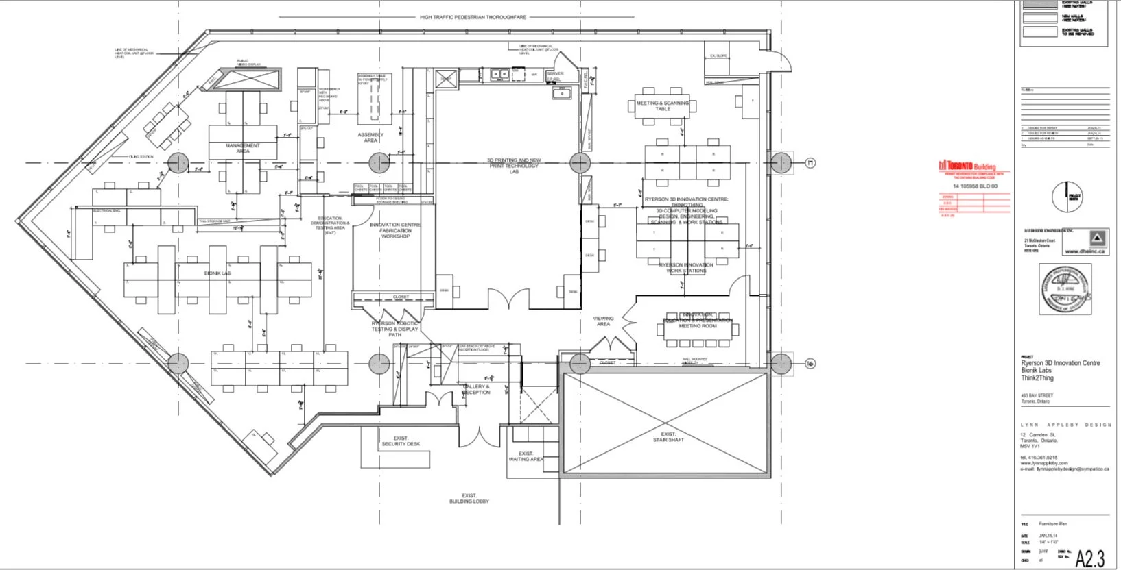 Architectural drawing of a modern office space with labeled areas including a 3D printing lab enclosed in glass, meeting rooms, reception, lounge, and workstations.