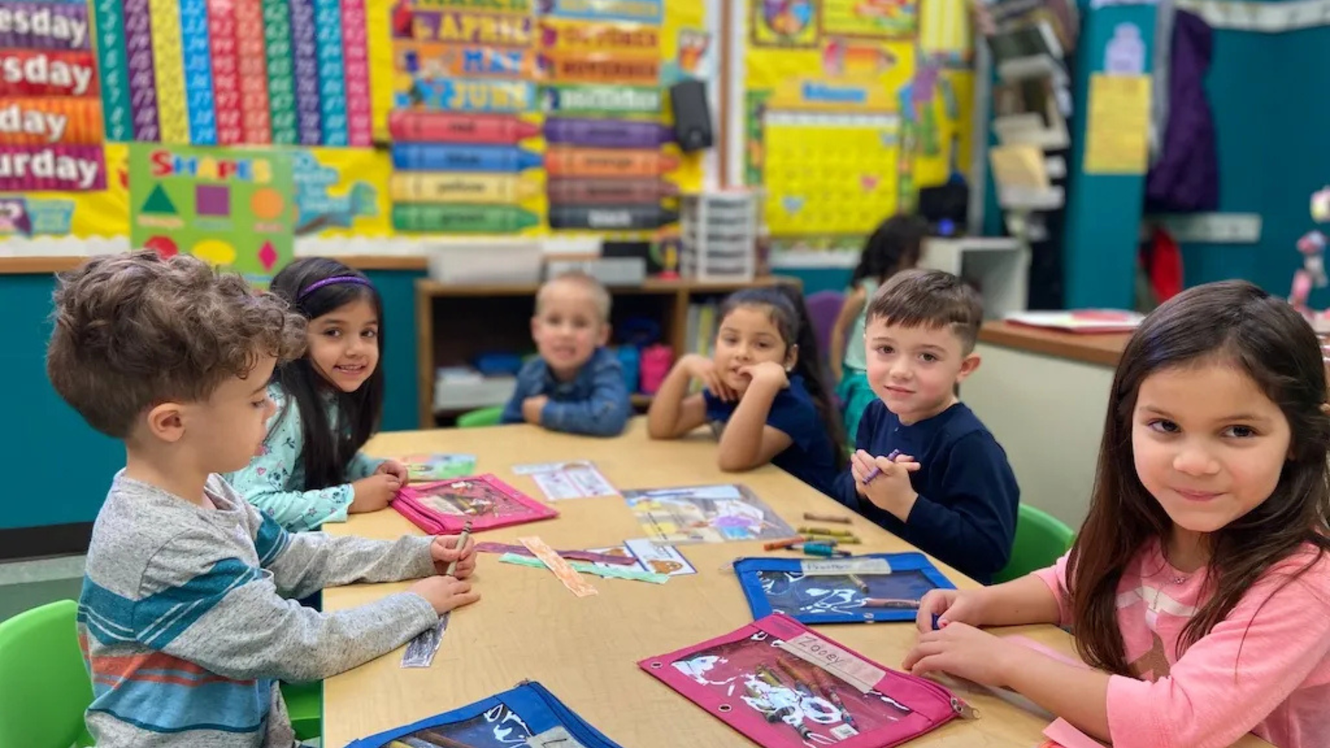 A classroom scene with six young children sitting around a table, engaging with school supplies and educational materials. Background displays colorful posters and educational charts.