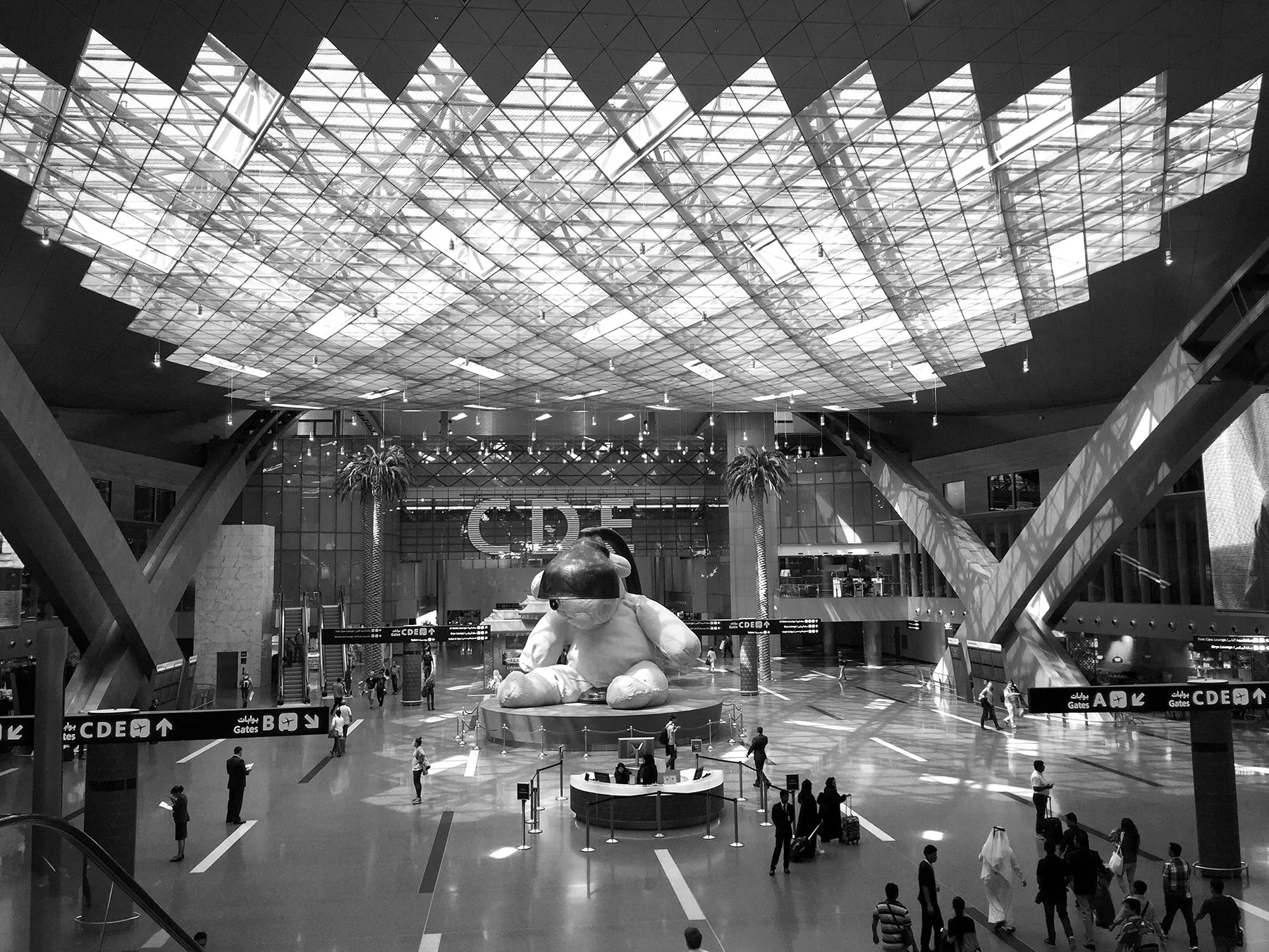 The iconic "Lamp Bear" sculpture by Urs Fischer at Doha Airport