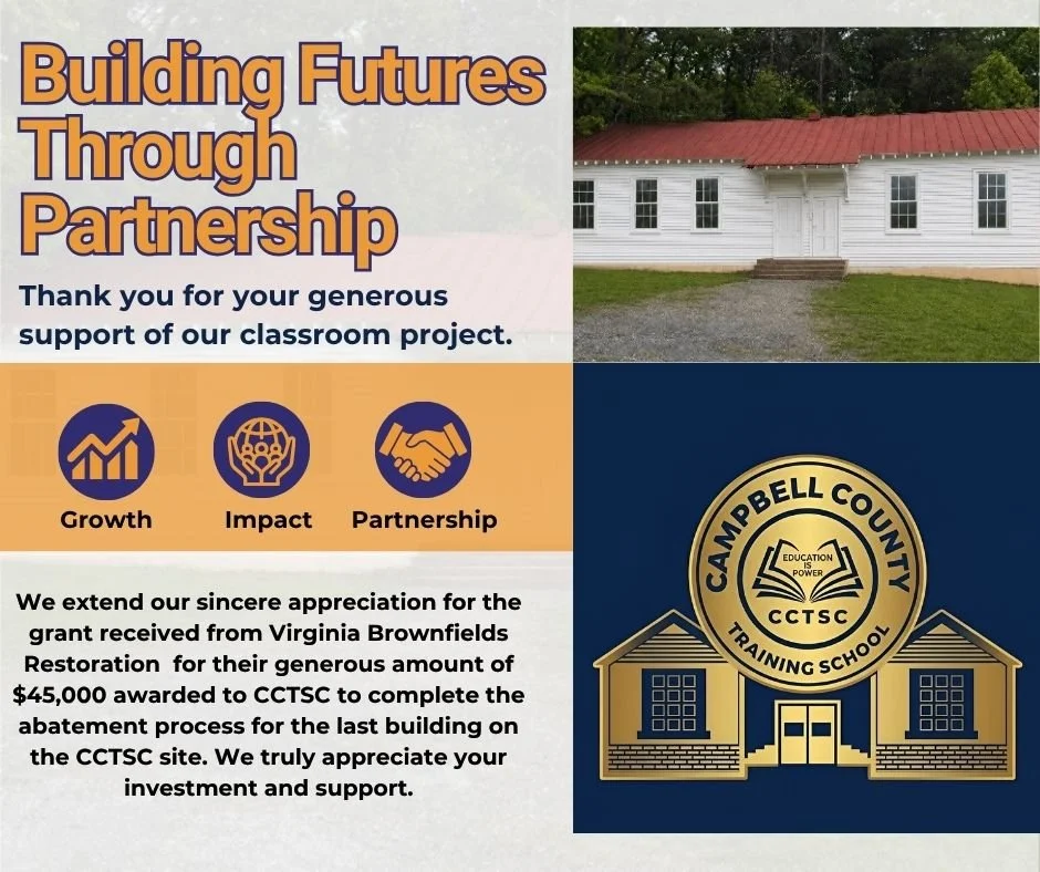 A thank you poster for a classroom project partnership. The poster features a large header saying "Building Futures Through Partnership" and a message of appreciation. It includes icons representing growth, impact, and partnership. The poster also displays the logo of Campbell County Training School, depicting two buildings with an emblem in the center.