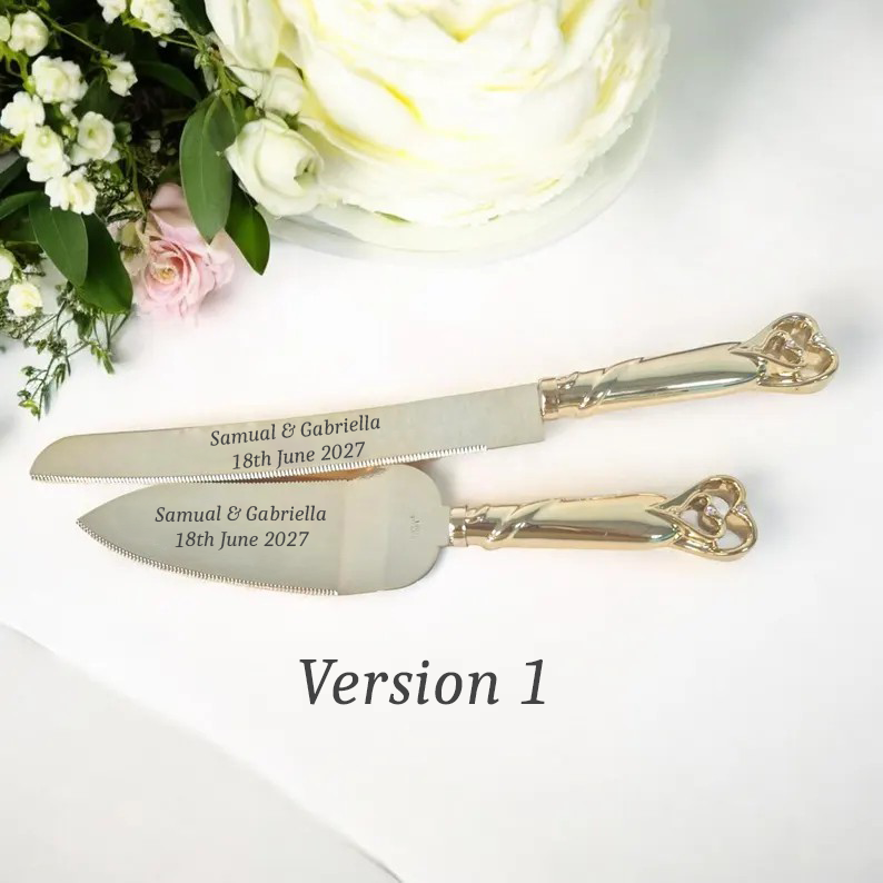 Diamante Hearts Personalised Golden Wedding Cake Serving Set