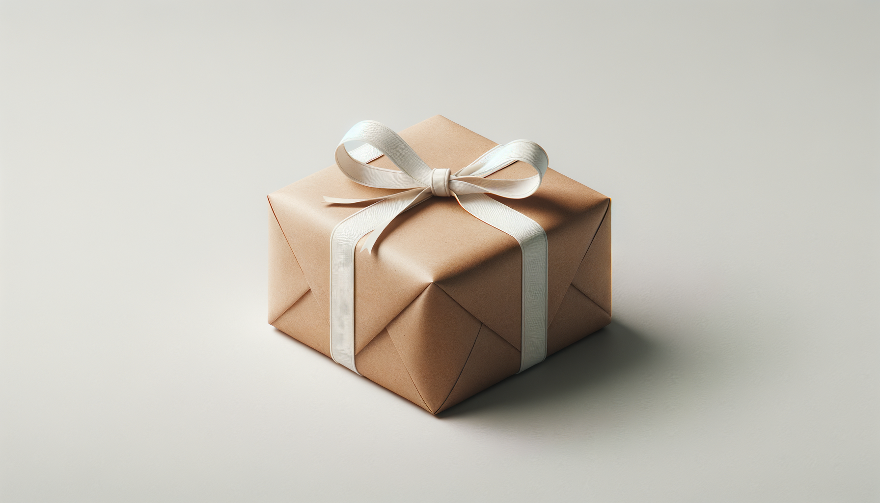 A neatly wrapped gift box in brown paper with a white satin ribbon tied in a bow, placed on a plain light-colored surface.