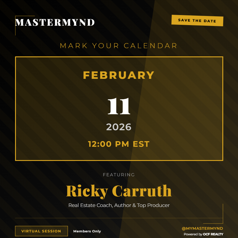 Digital event invitation from MasterMynd announcing a virtual session on February 11, 2026, at 12:00 PM EST featuring Ricky Carruth, a real estate coach, author, and top producer.