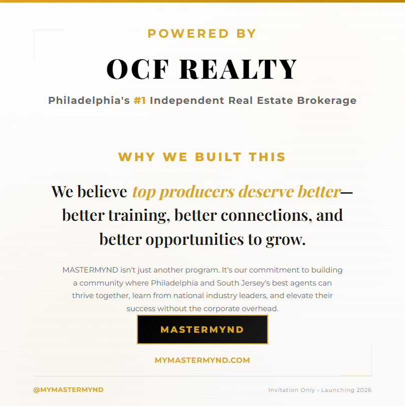 An advertisement for OCF Realty promoting the MASTERMYND program for real estate agents, highlighting better training, connections, and growth opportunities.