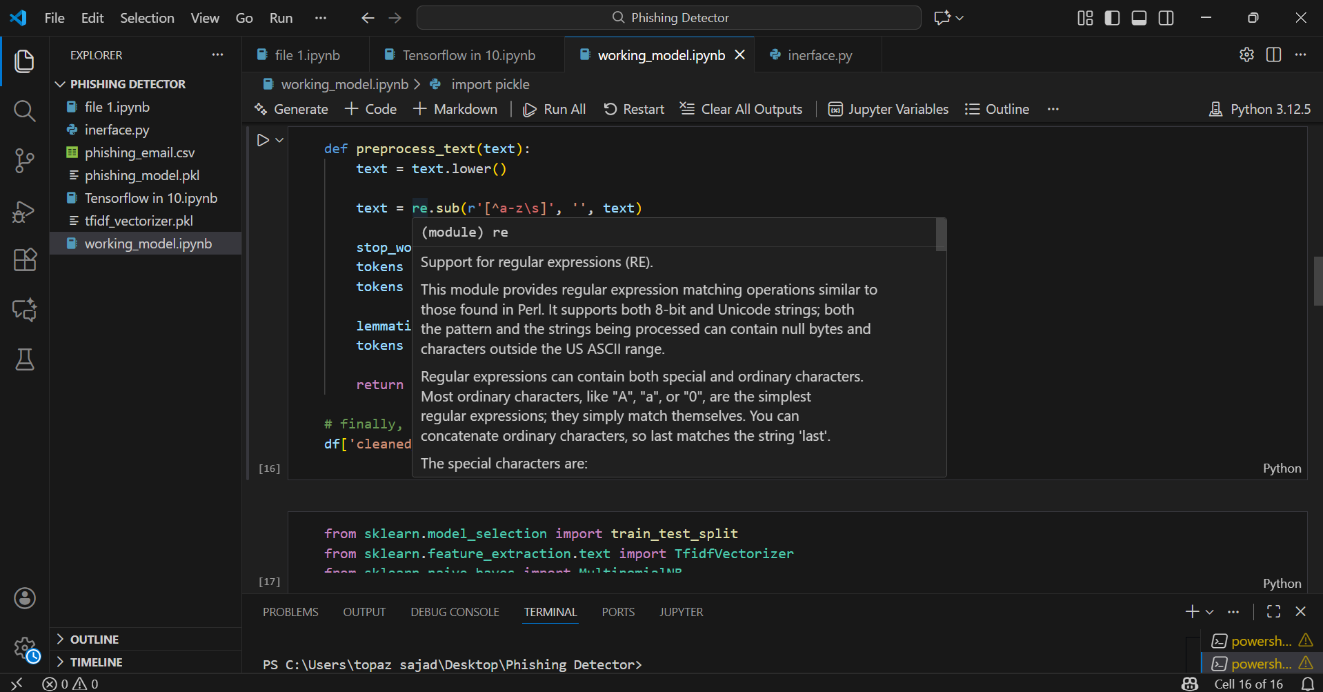 Screenshot of a computer code editing environment in Jupyter Notebook, showing Python code related to text processing, with a sidebar listing files and active terminal at the bottom by Wilson Katsande.