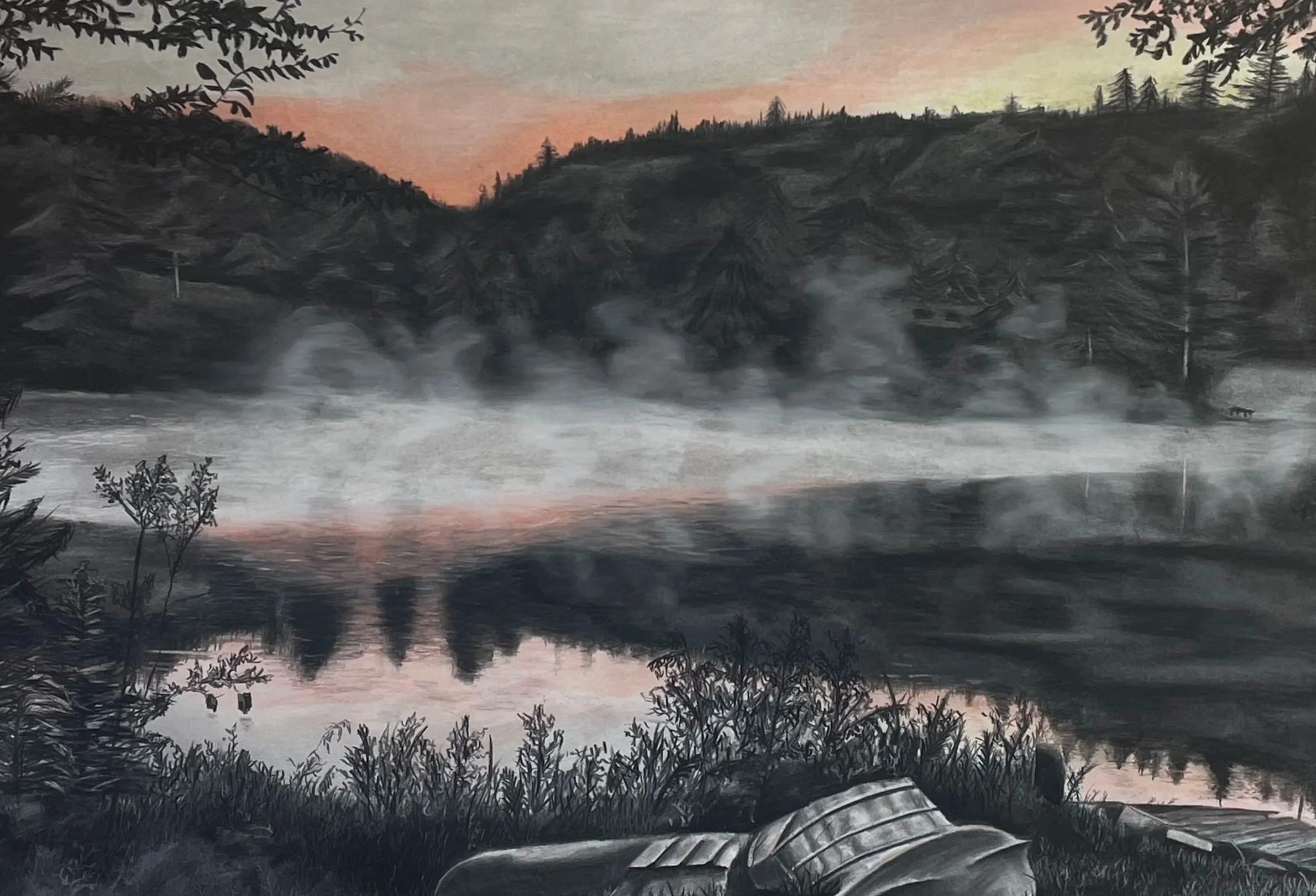 A painting of a misty lake surrounded by trees and mountains at dawn, with pink and orange hues in the sky.