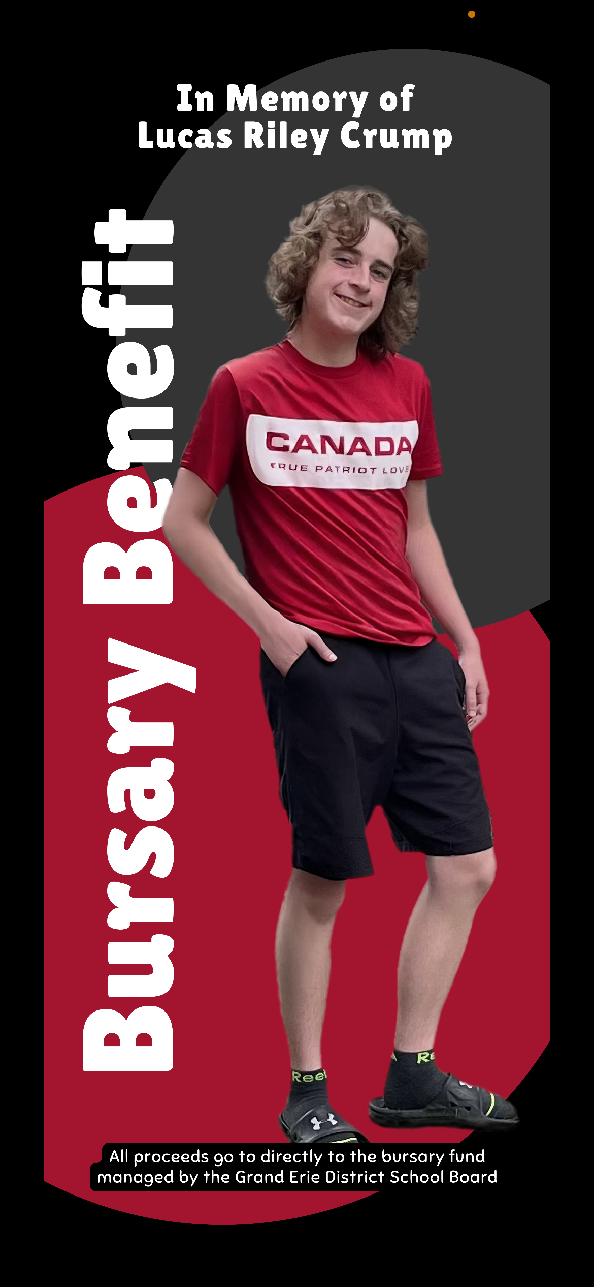 A young man in a red "Canada" t-shirt and black shorts standing with one hand in his pocket and smiling. The background is black and dark gray with white and red text, promoting a bursary fund in memory of Lucas Riley Crump, managed by the Grand Erie