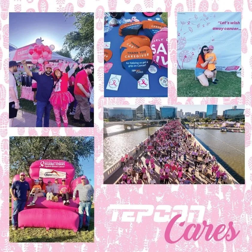 Collage of photos from a breast cancer awareness event. Top left shows two people in pink celebration attire at a pink tent with balloons. Top middle shows pink and orange thank you badges and stickers for caregivers. Top right depicts two women kneeling in front of a pink banner that says, "Let's wish away cancer." Bottom left features people sitting on a large pink inflatable sofa with a pink ribbon and event name. Bottom right shows a large crowd of participants in pink shirts walking along a bridge over a river in an urban area. The background has the text "TP 20 Cares" with pink and white-themed design elements.