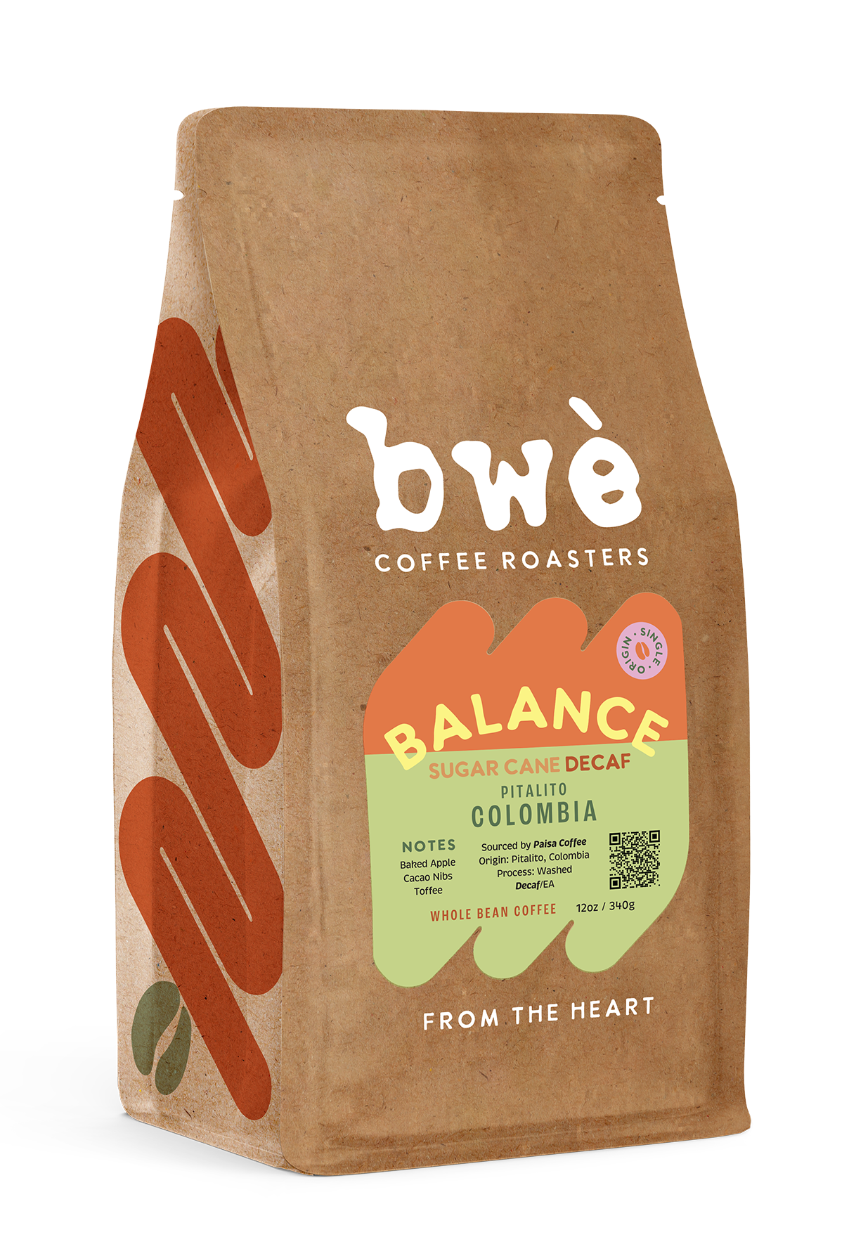 A bag of Bwè Coffee Roasters Balance Sugar Cane Decaf Colombian coffee beans, featuring a brown and green label with orange accents, and decorated with stylized coffee beans illustrations.