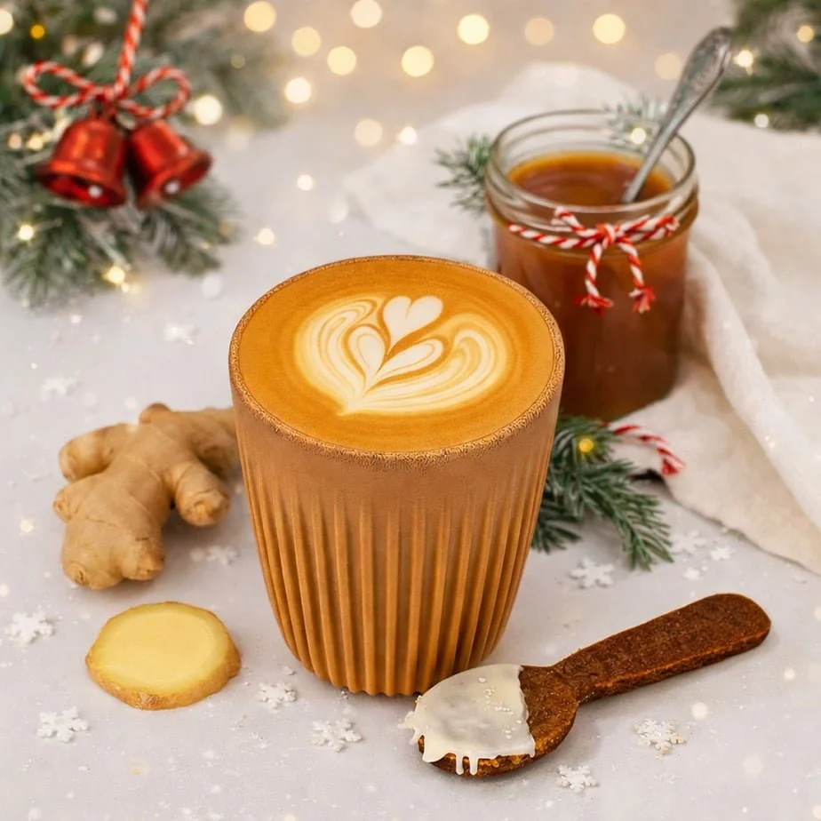 A festive holiday scene with a glass of latte featuring a heart-shaped latte art, a ginger root, a ginger slice, a spoon with white coating, and a jar of honey with a spoon, all on a white surface decorated with snowflake confetti and blurred Christmas lights in the background.