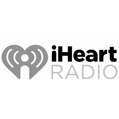 Black and gray logo of iHeartRadio with a heart symbol and radio waves