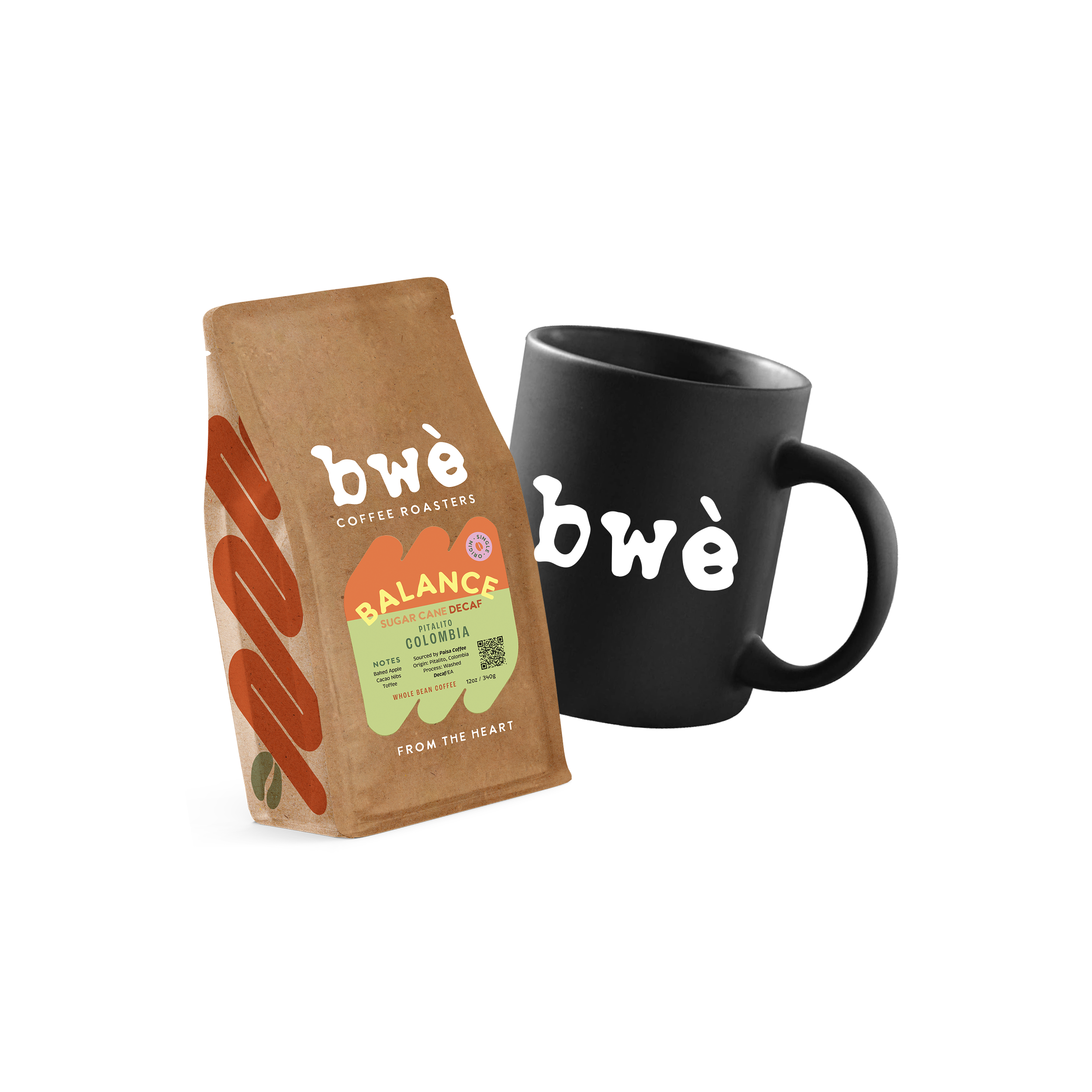 Black coffee mug and a bag of coffee beans, both labeled 'bwè'.