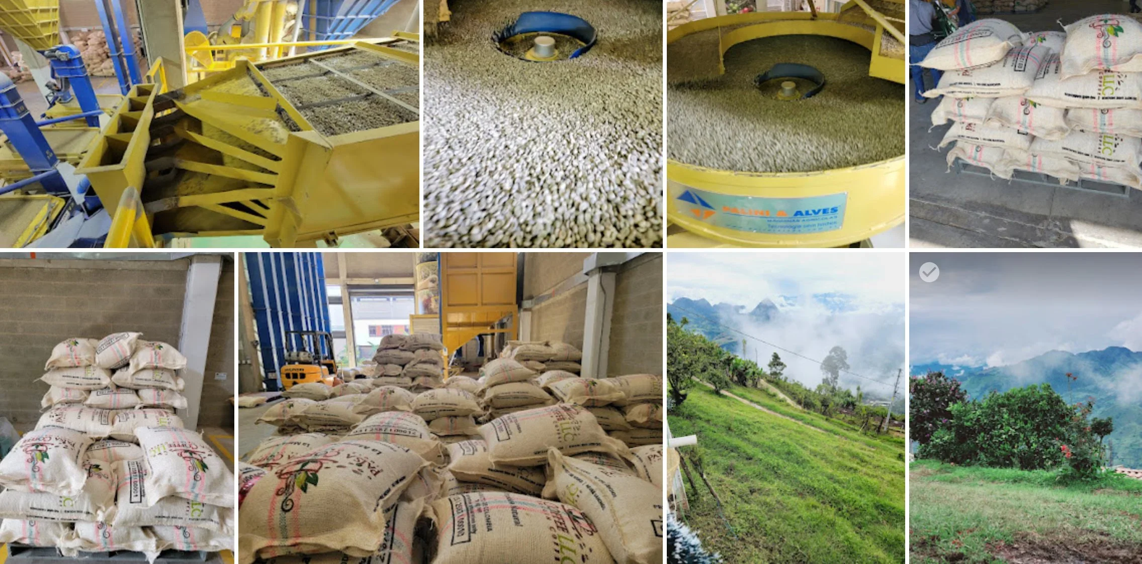 Images of coffee processing and farming in a rural area in Colombia. Top row shows machinery and coffee in processing tanks. Middle row displays stacked sacks of rice. Bottom row features lush green landscape with mountains and cloudy sky.