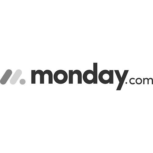 Logo of monday.com with black text and gray double angled lines on a white background.