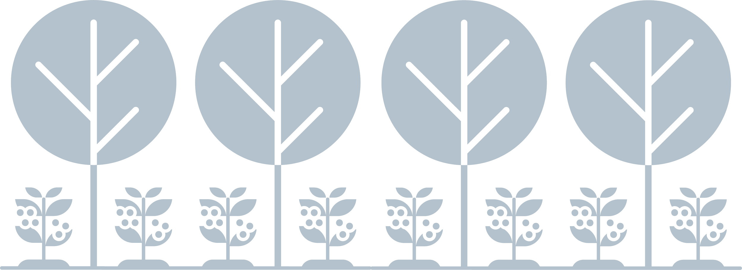 Stylized graphic of trees with tall oval-shaped blue canopies and small bushes with leaves and berries underneath.