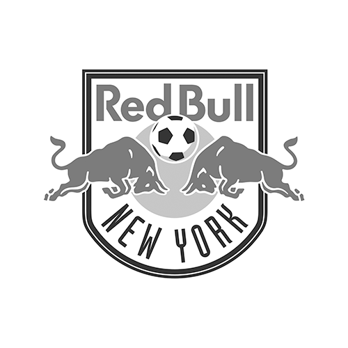 Red Bull New York logo with two bulls facing each other and a soccer ball between them, set against a black background.