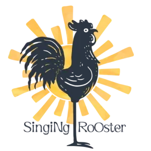 Silhouette of a rooster with yellow rays shining behind it.